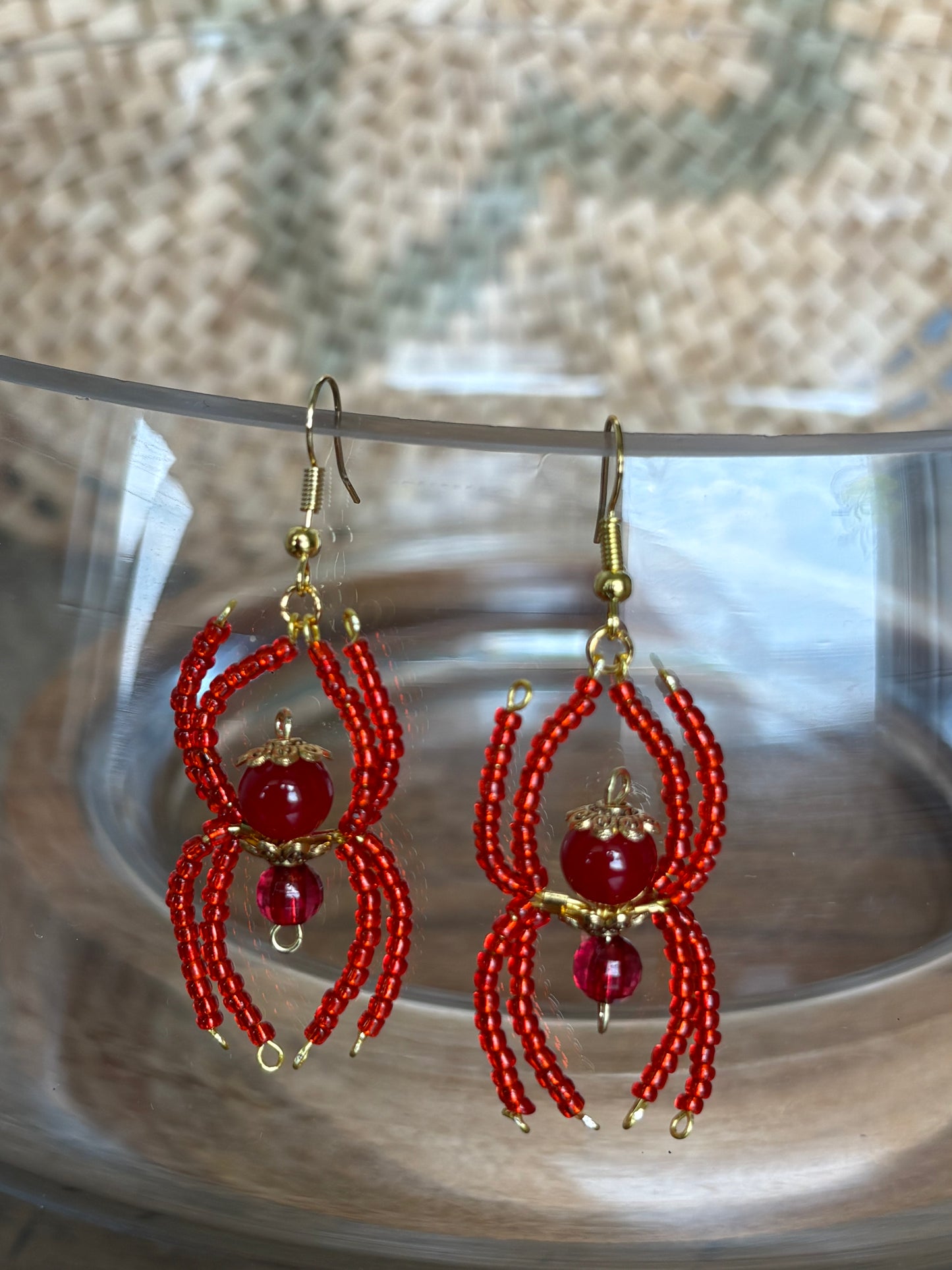 Red and Gold Beaded Spider Earrings