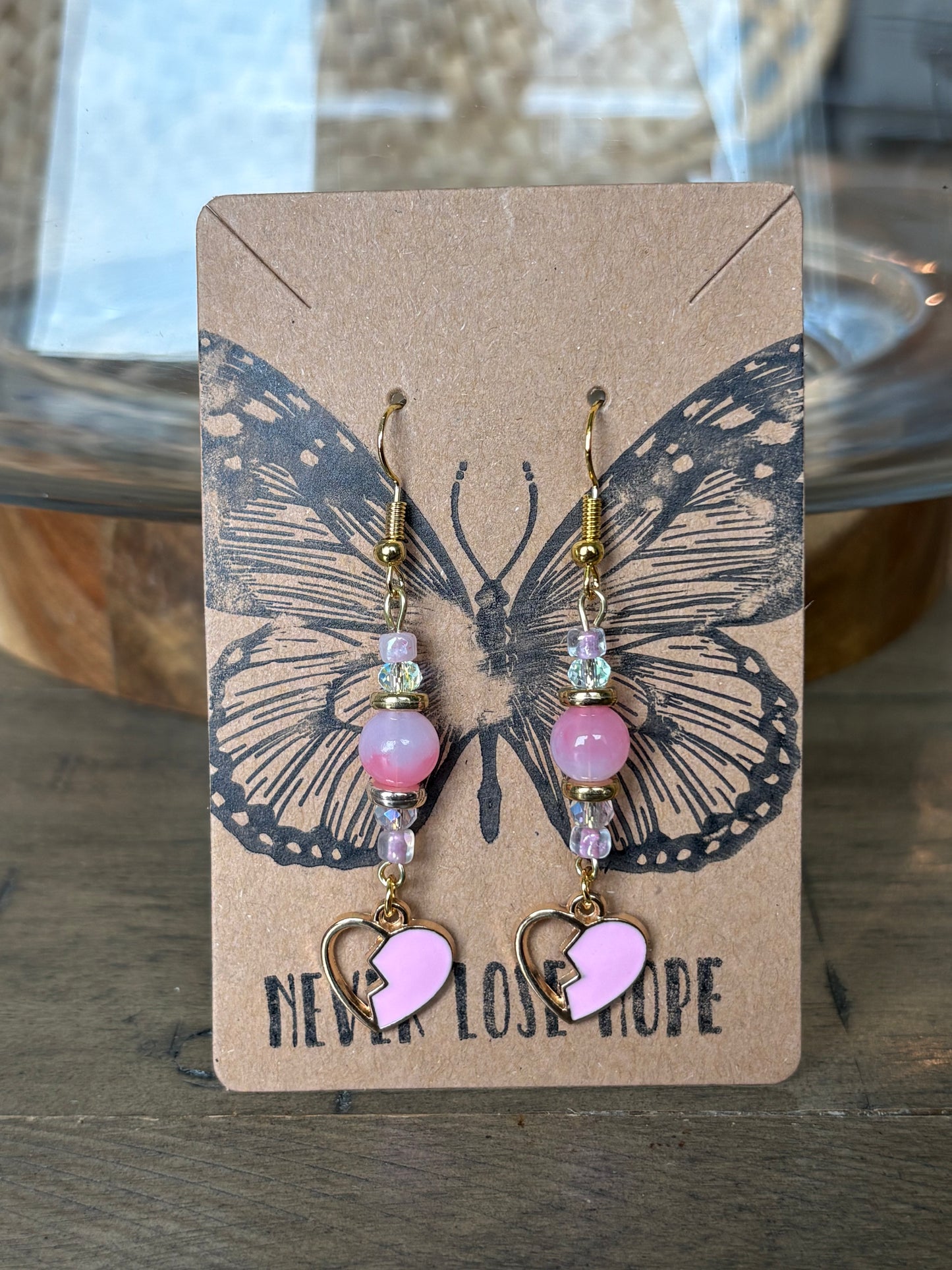 Pink Beaded Broken Heart Earrings