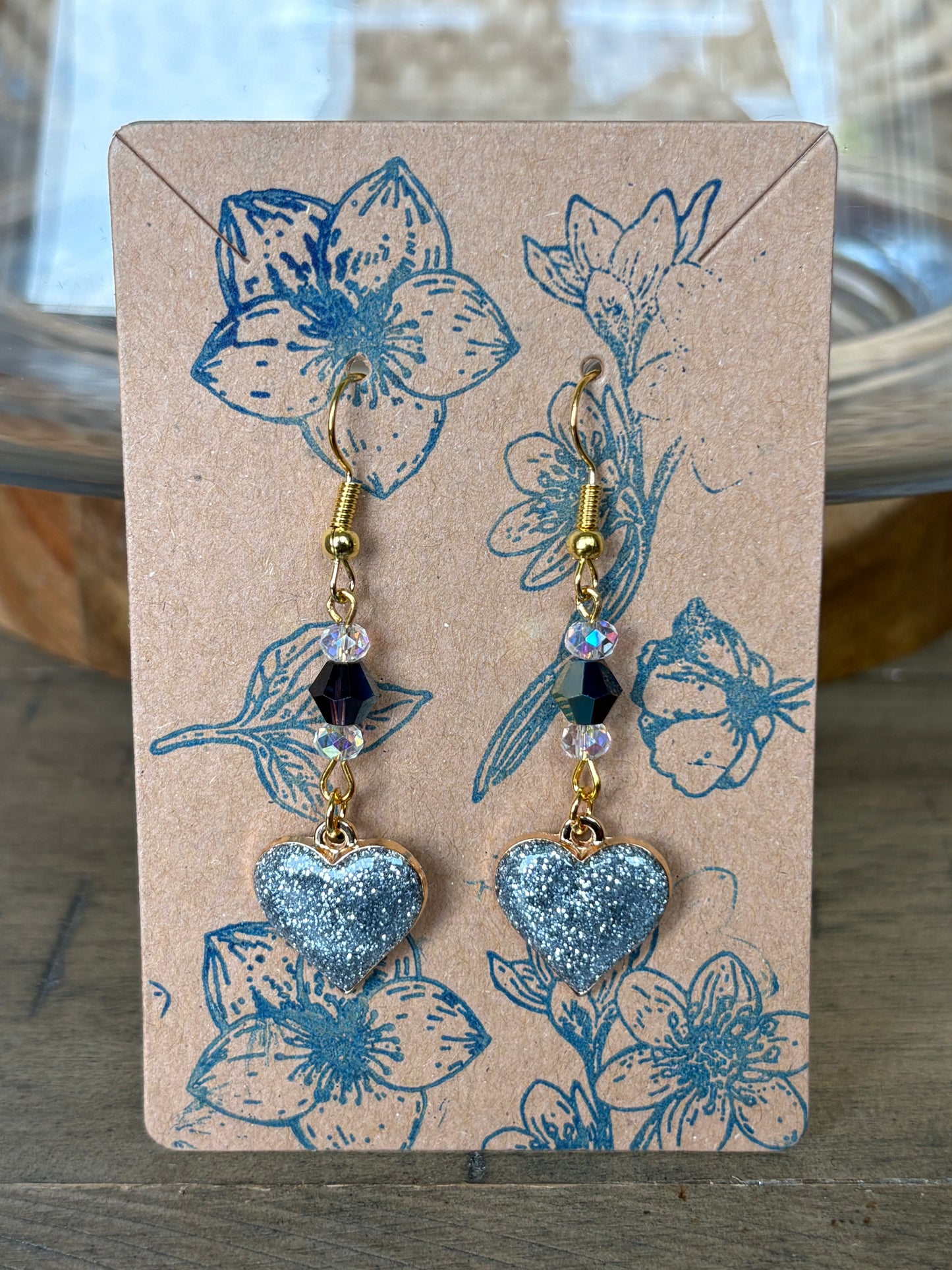 Glitter Silver Beaded Heart Earrings