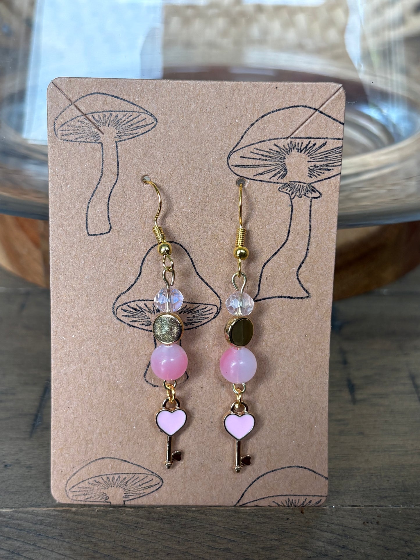 Pearl Pink Beaded Heart and Key Earrings