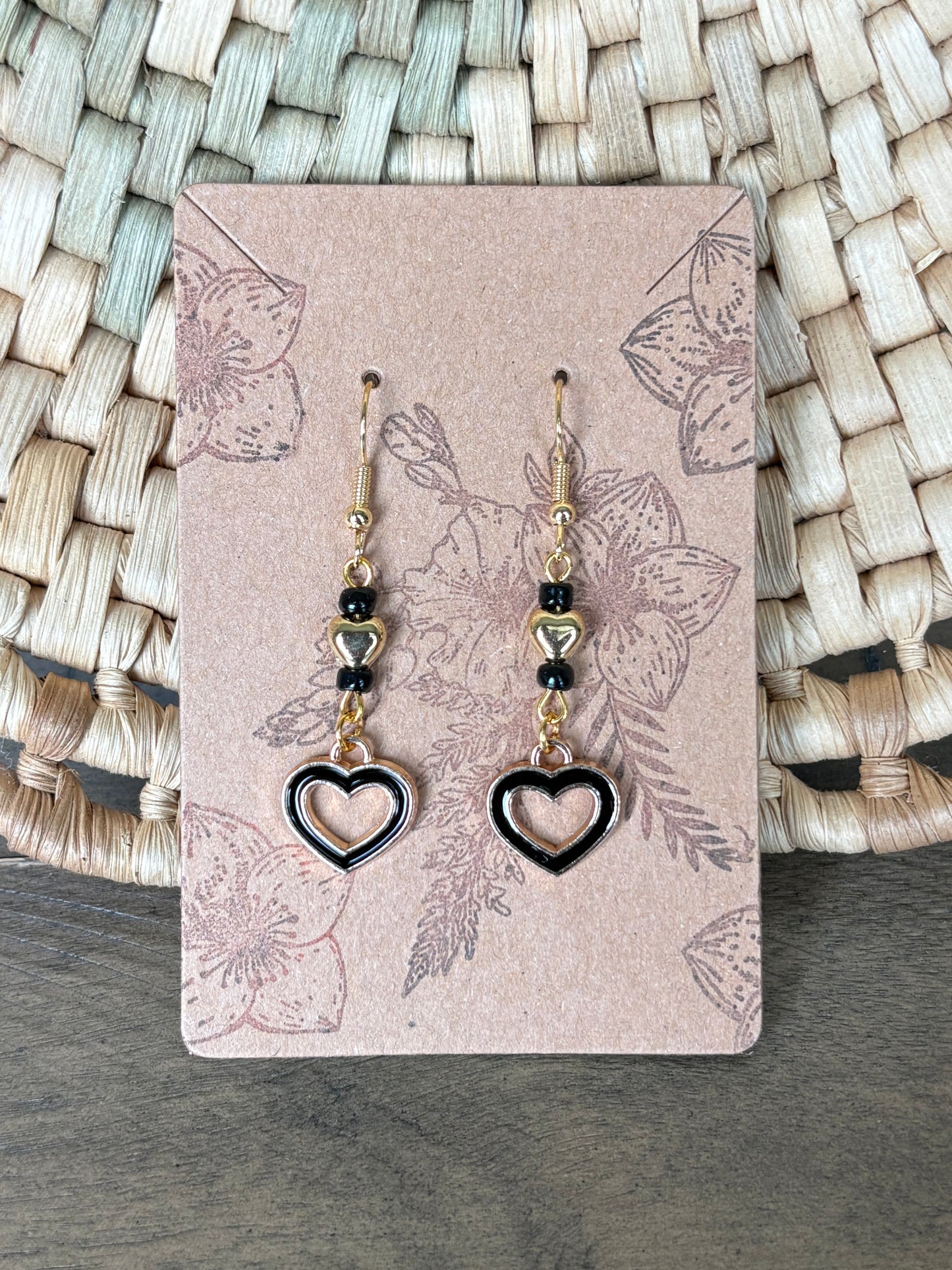 Black Enamel Beaded Heart Frame Earrings