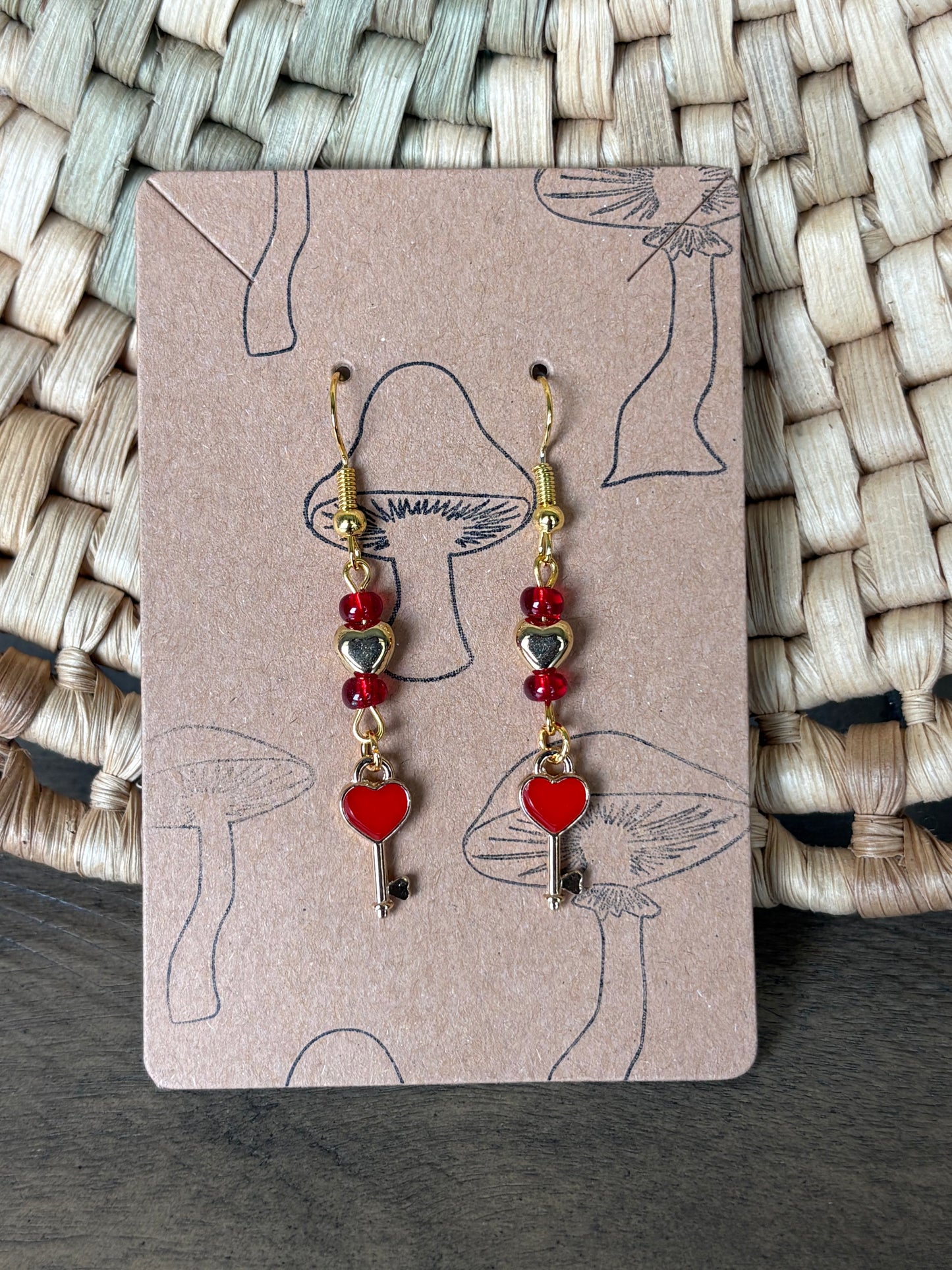 Red Enamel Beaded Heart and Key Earrings