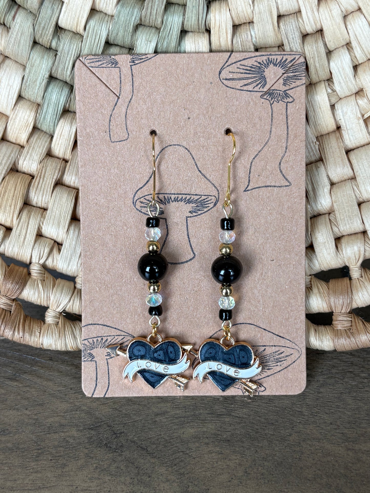 Black Enamel Beaded Heart Love Banner Earrings