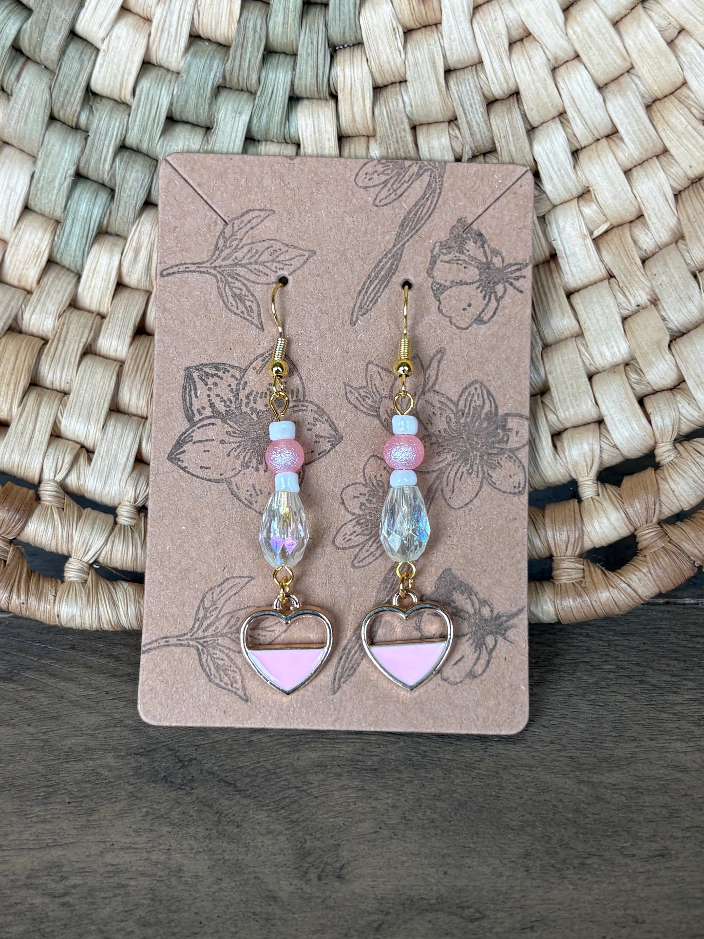 Pink Enamel Beaded Heart Half Full Earrings