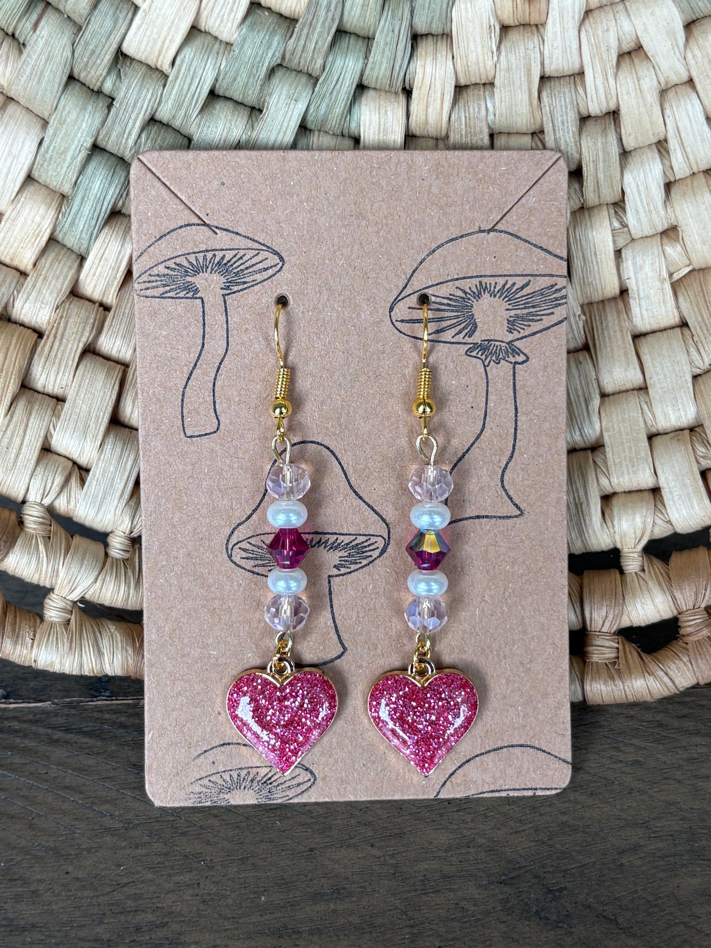 Glitter Pink Enamel Beaded Heart Earrings
