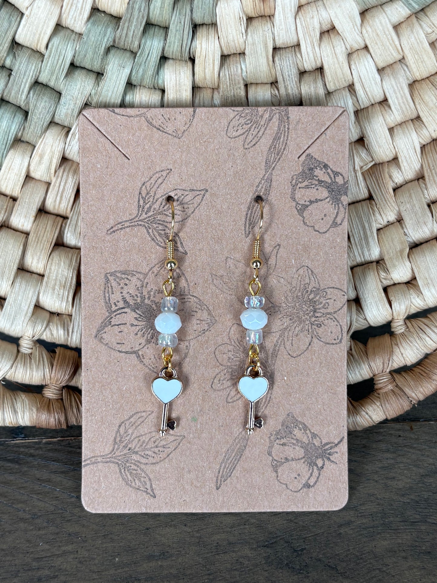 White Enamel Beaded Heart and Key Earrings
