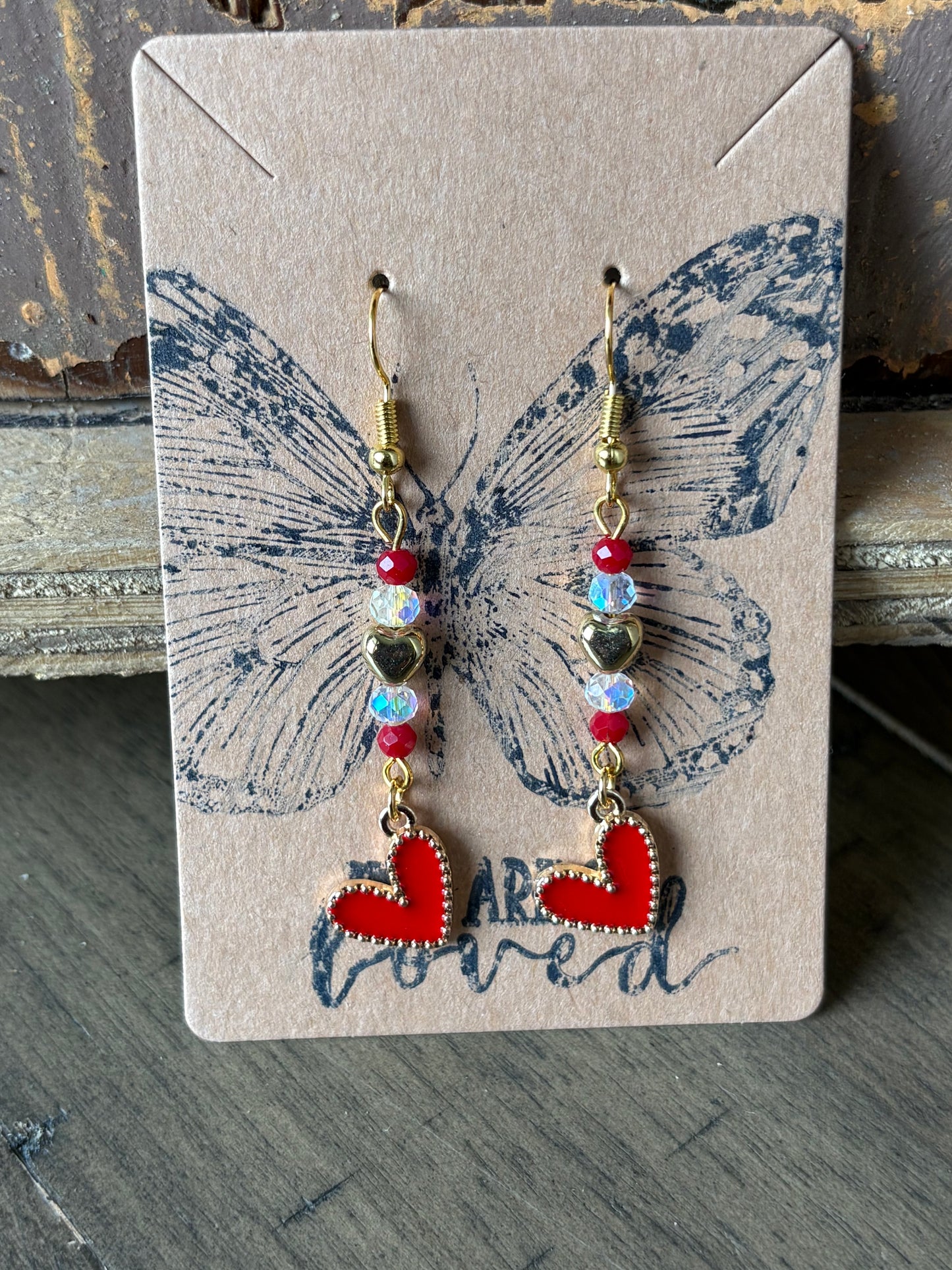 Red Enamel Beaded Heart with Gold Border Earrings