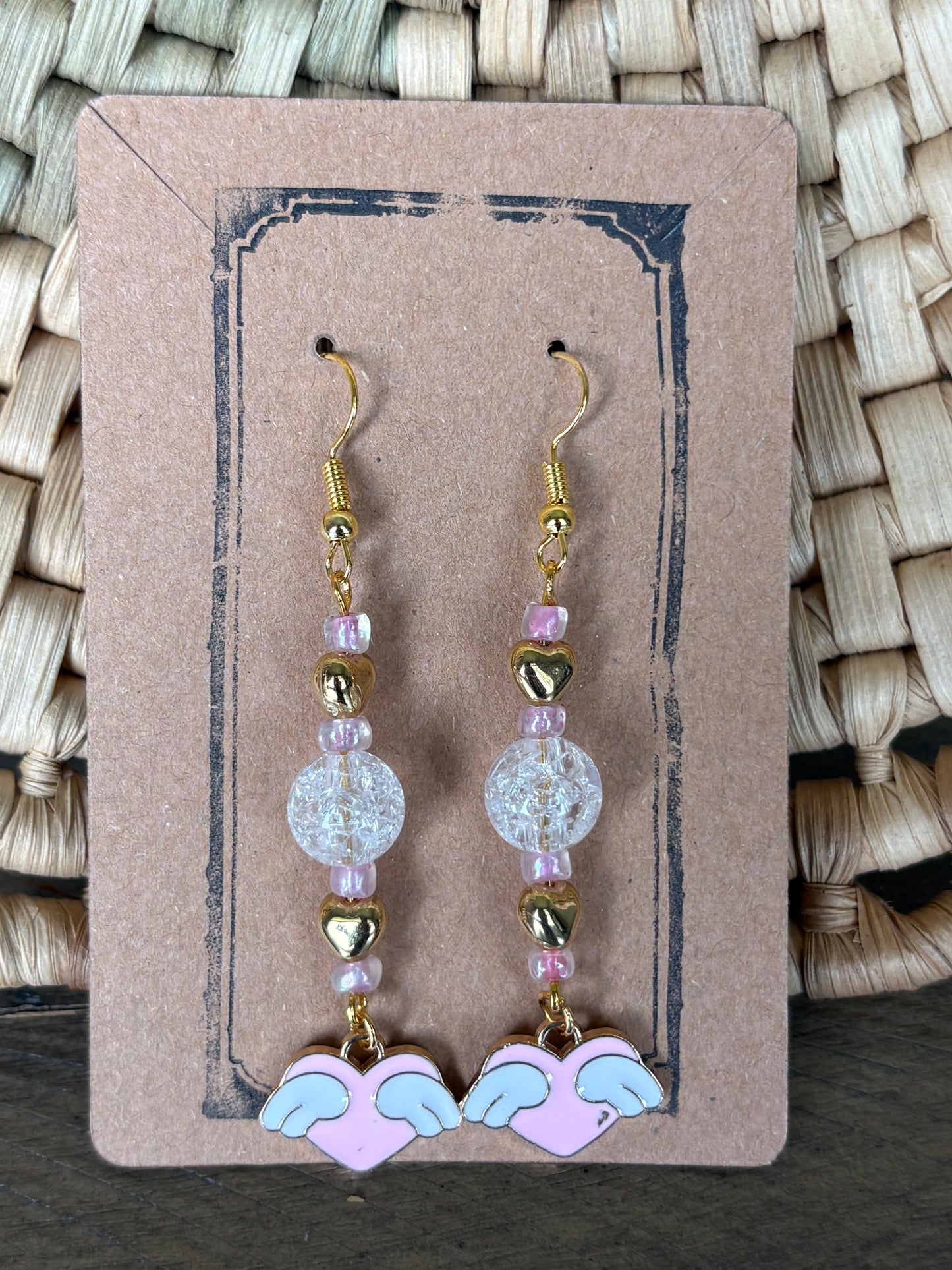 Pink Enamel Beaded Heart With Wings Earrings
