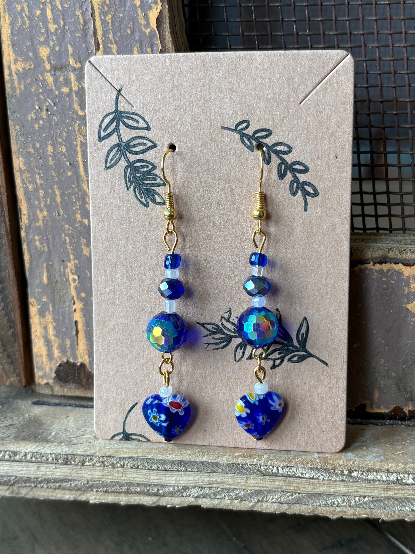 Navy Blue Beaded Heart Earrings
