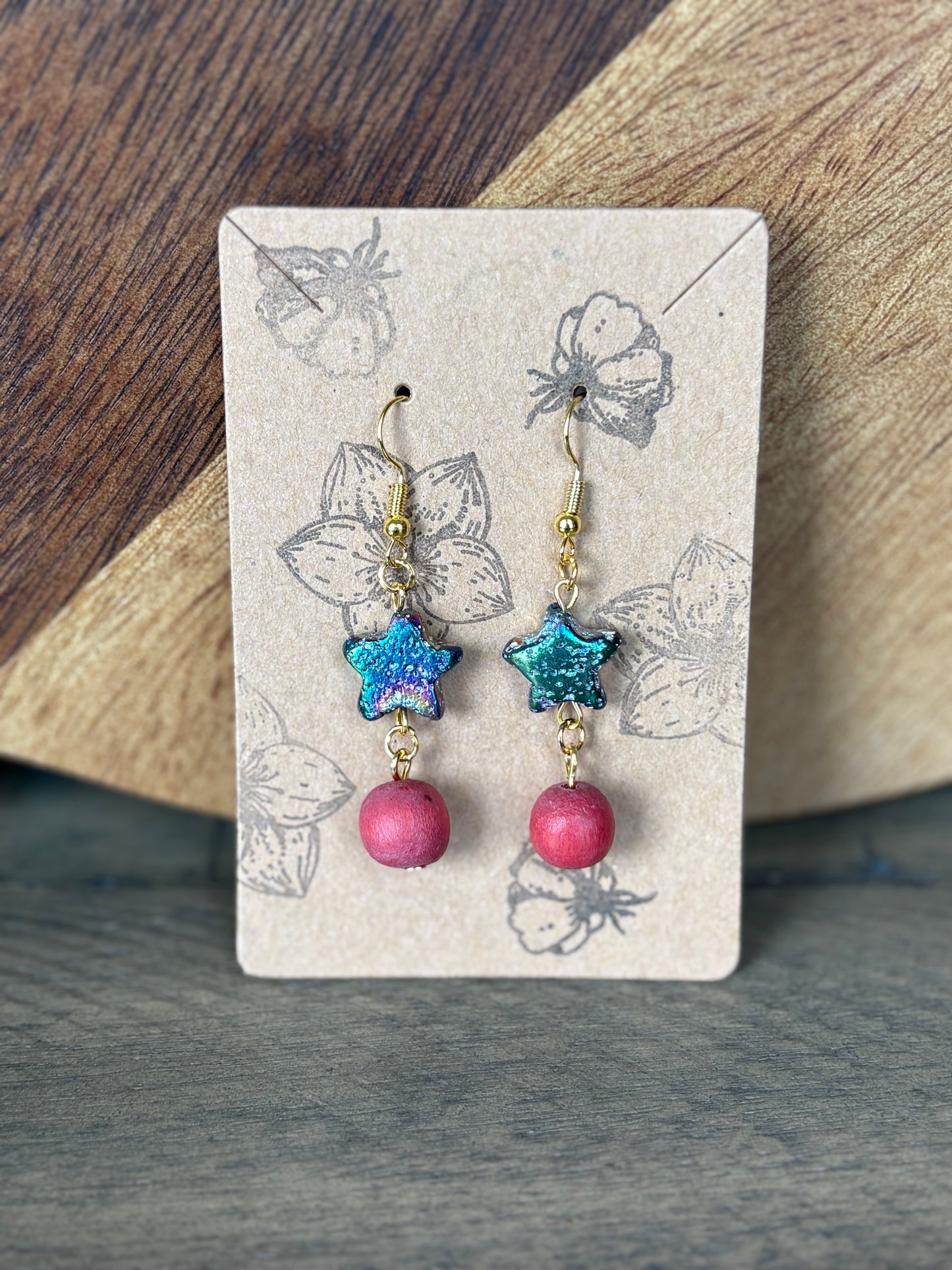 Vintage Fuchsia Beaded Boho Wooden Earrings