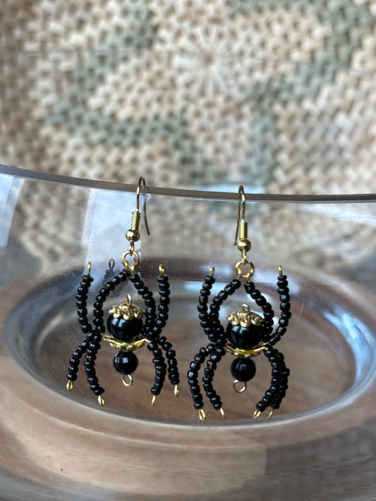 Black and Gold Beaded Spider Earrings