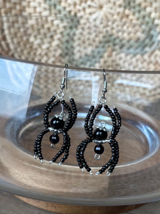 Black and Silver Beaded Spider Earrings
