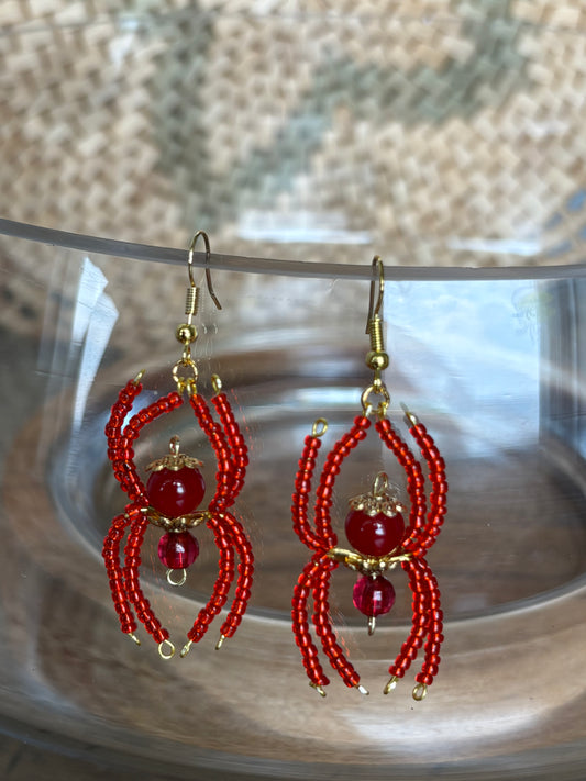 Red and Gold Beaded Spider Earrings