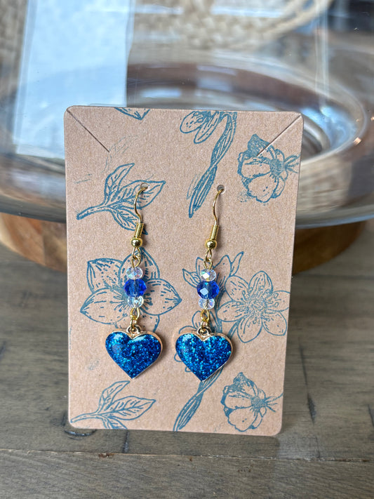 Glitter Royal Blue Beaded Heart Earrings