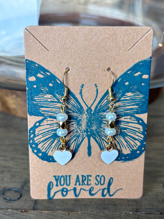 Pearl White Beaded Heart Earrings