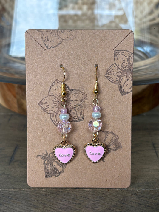 Pearl Pink Beaded Heart Love Earrings