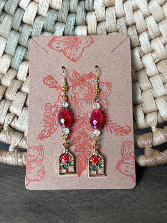 Red Beaded Rose in Frame Earrings