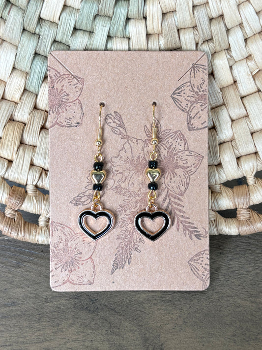 Black Enamel Beaded Heart Frame Earrings