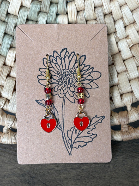 Red Enamel Beaded Heart Lock Earrings