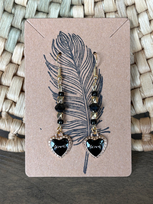 Black Enamel Beaded Heart Love Earrings