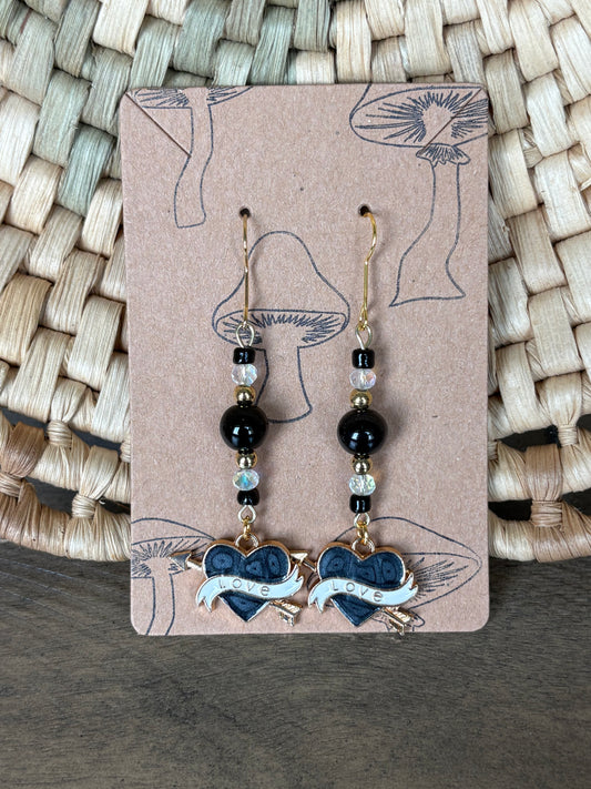 Black Enamel Beaded Heart Love Banner Earrings