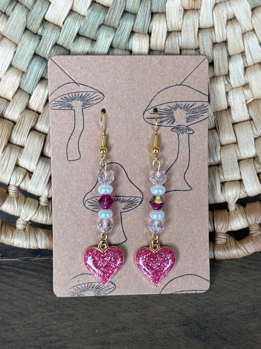 Glitter Pink Enamel Beaded Heart Earrings