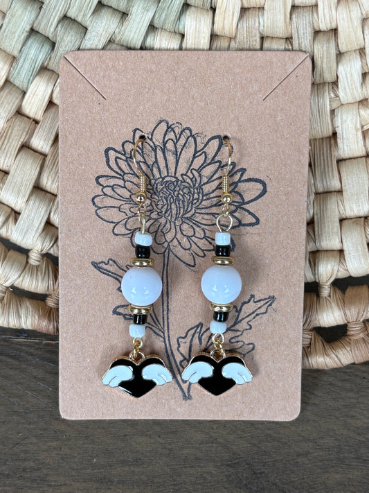 Black Enamel Beaded Heart With Wings Earrings