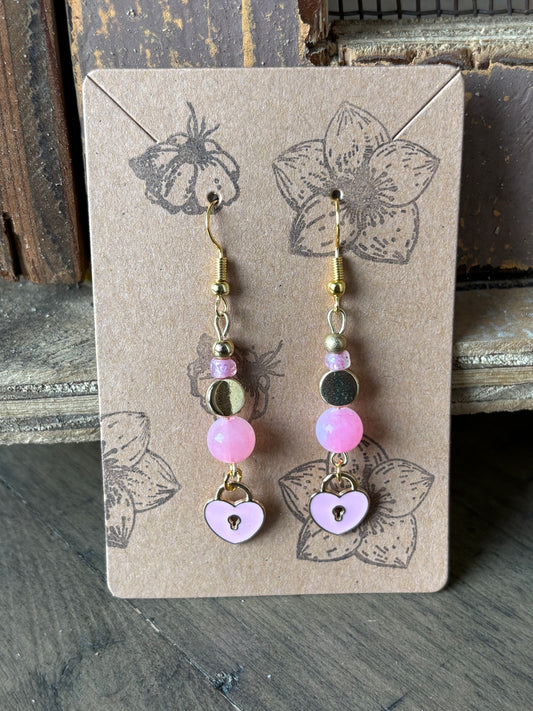 Pink Enamel Beaded Heart Lock Earrings