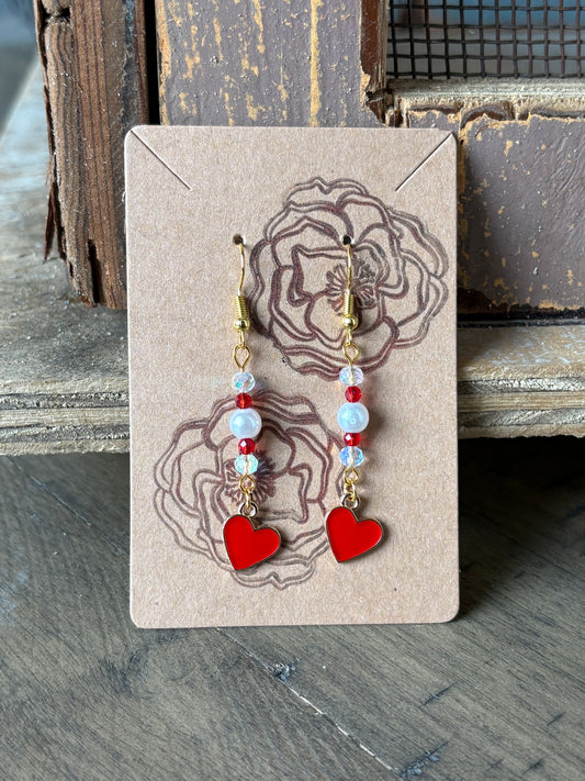 Red Enamel Beaded Heart Earrings