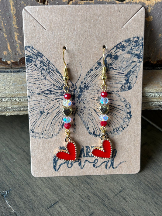 Red Enamel Beaded Heart with Gold Border Earrings