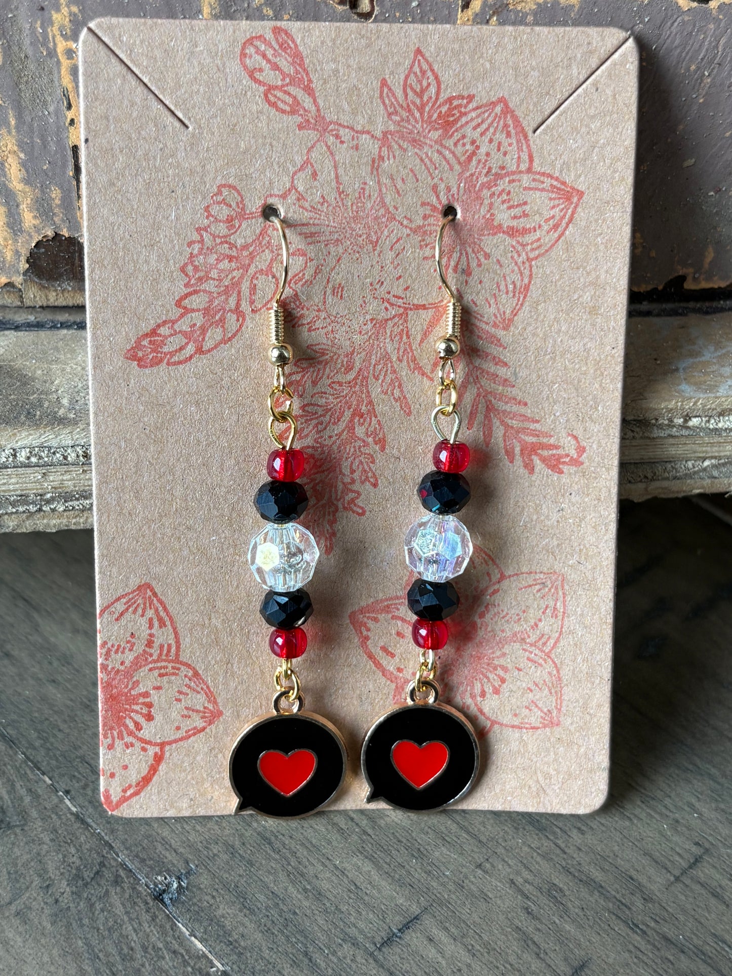 Black and Red Enamel Beaded Conversation Heart Earrings