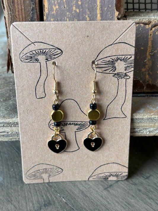 Black Enamel Beaded Heart Lock Earrings