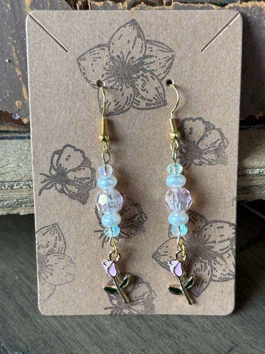 Pink Enamel Beaded Rose Earrings