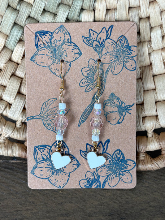 White Enamel Beaded Heart Earrings