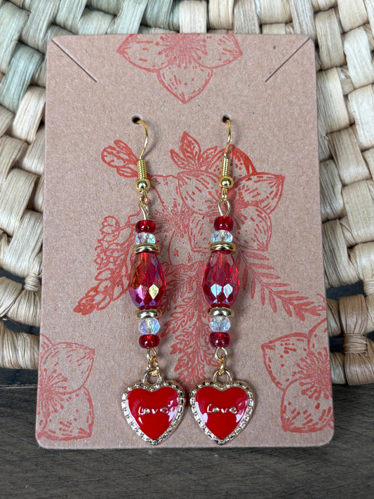 Red Enamel Beaded Heart Love Earrings