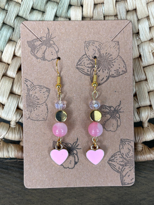 Pink Enamel Beaded Heart Earrings