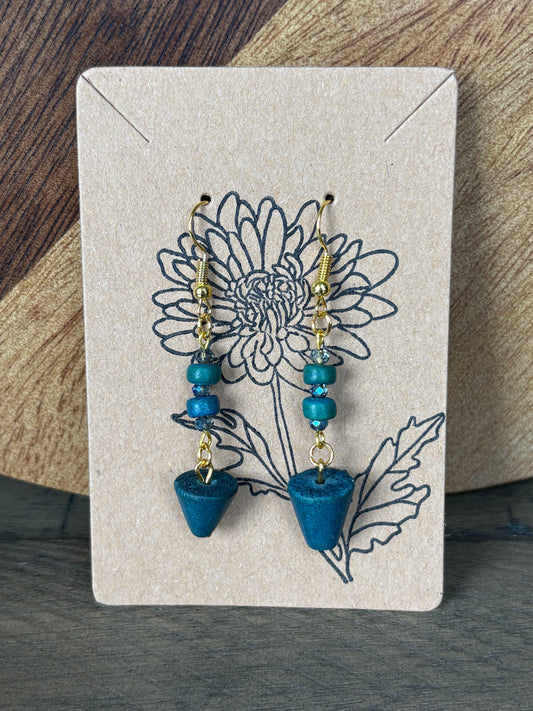 Beaded Boho Wooden Earrings - Vintage Teal Beads and Cones, Iridescent Sparkle, Gold