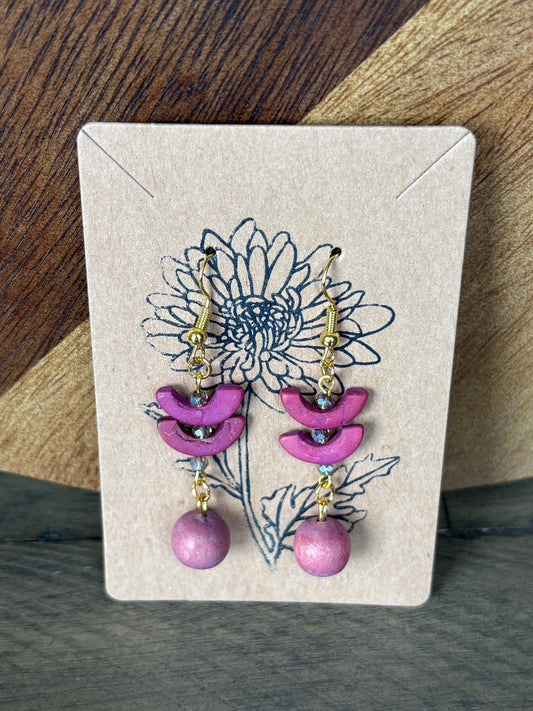 Beaded Boho Wooden Earrings - Vintage Fushia Half Circles and Spheres, Amber Sparkle, Gold