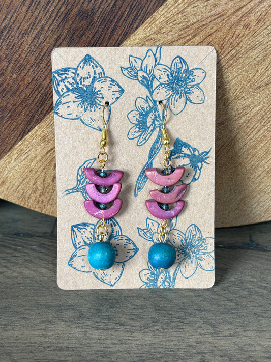 Beaded Boho Wooden Earrings - Vintage Fushia Half Circles and Teal Spheres, Iridescent Sparkle, Gold