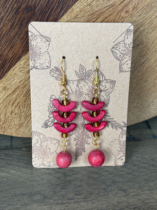 Beaded Boho Wooden Earrings - Vintage Fushia Half Circles and Spheres, Amber, Gold