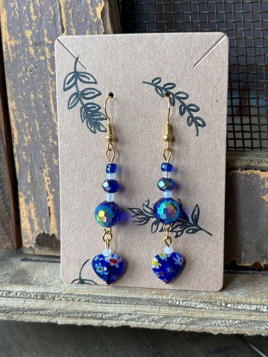 Navy Blue Beaded Heart Earrings