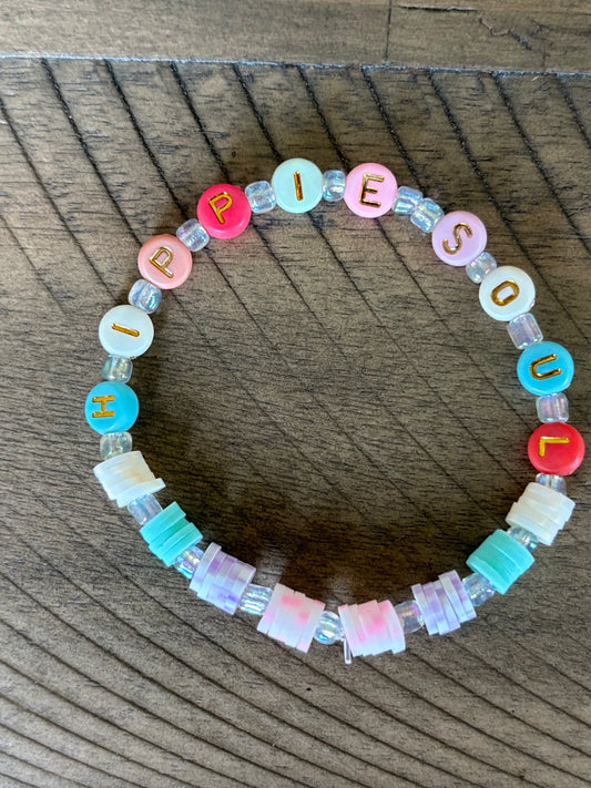 Heishi Disc Bead Stretch Friendship Bracelet "Hippie Soul" - Pastel and Clear Beads with Gold Lettering
