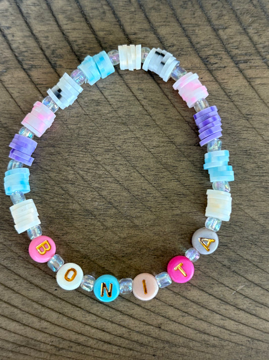 Heishi Disc Bead Stretch Friendship Bracelet "Bonita" - Pastel and Clear Beads with Gold Lettering