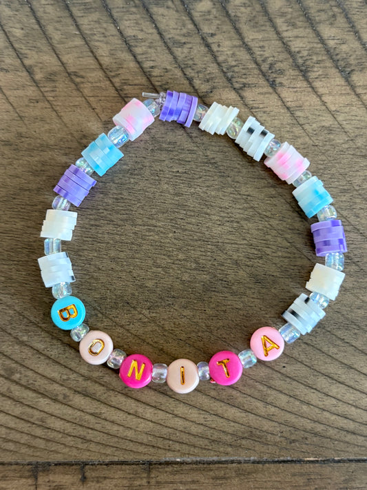 Heishi Disc Bead Stretch Friendship Bracelet "Bonita" - Pastel and Clear Beads with Gold Lettering
