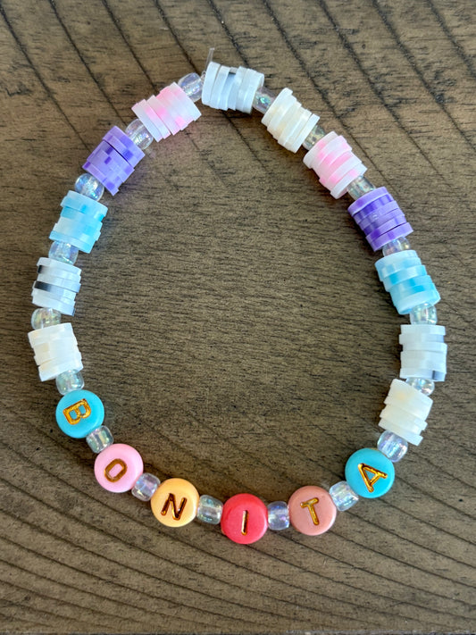 Heishi Disc Bead Stretch Friendship Bracelet "Bonita" - Pastel and Clear Beads with Gold Lettering