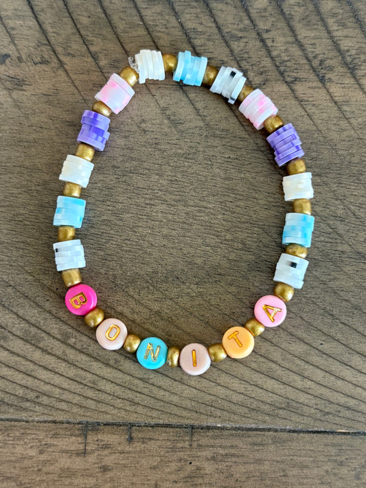 Heishi Disc Bead Stretch Friendship Bracelet "Bonita" - Pastel and Gold Beads with Gold Lettering